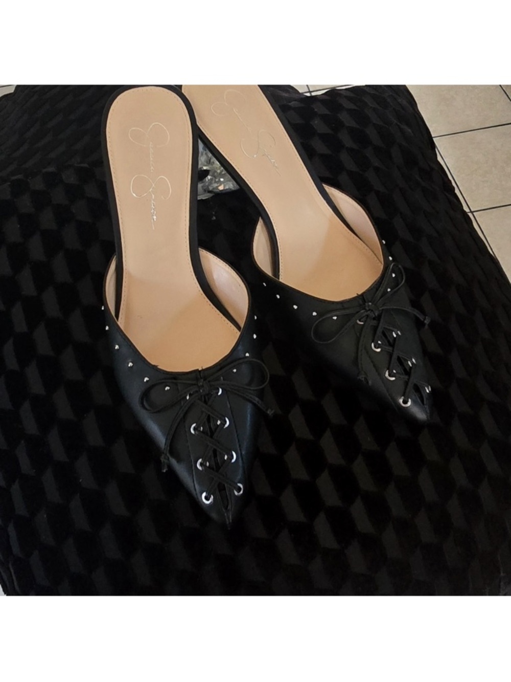Jessica Simpson Black Pointed Lace-Up Mule with Stud Accents